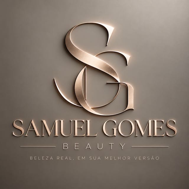 Logo original Samuel Gomes Beauty, monograma SG metálico em tons de champanhe